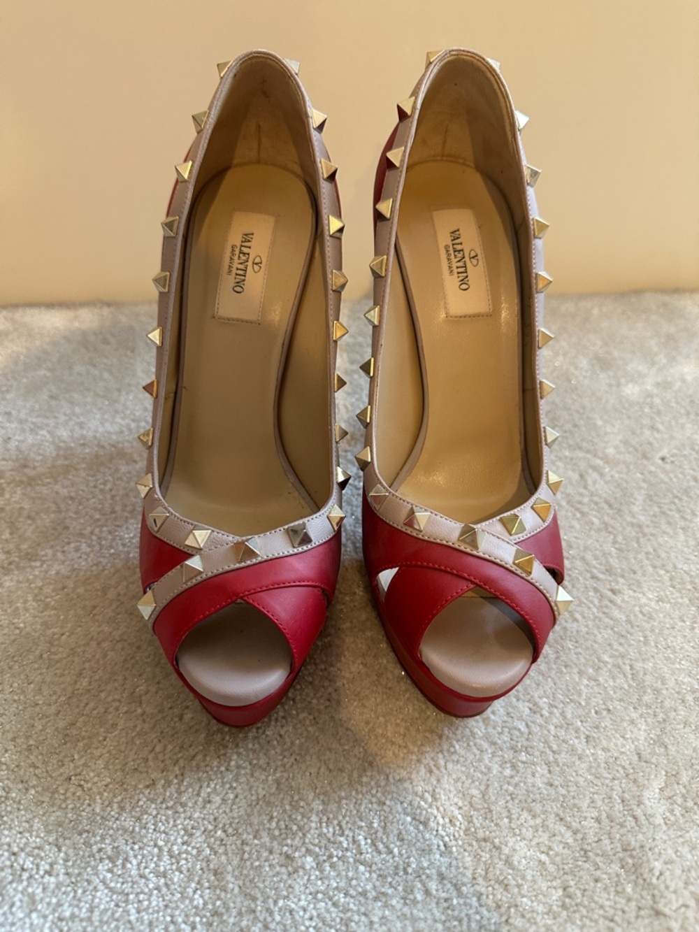 Valentino Garavani Red and Cream Rockstud Peep-Toe Pumps